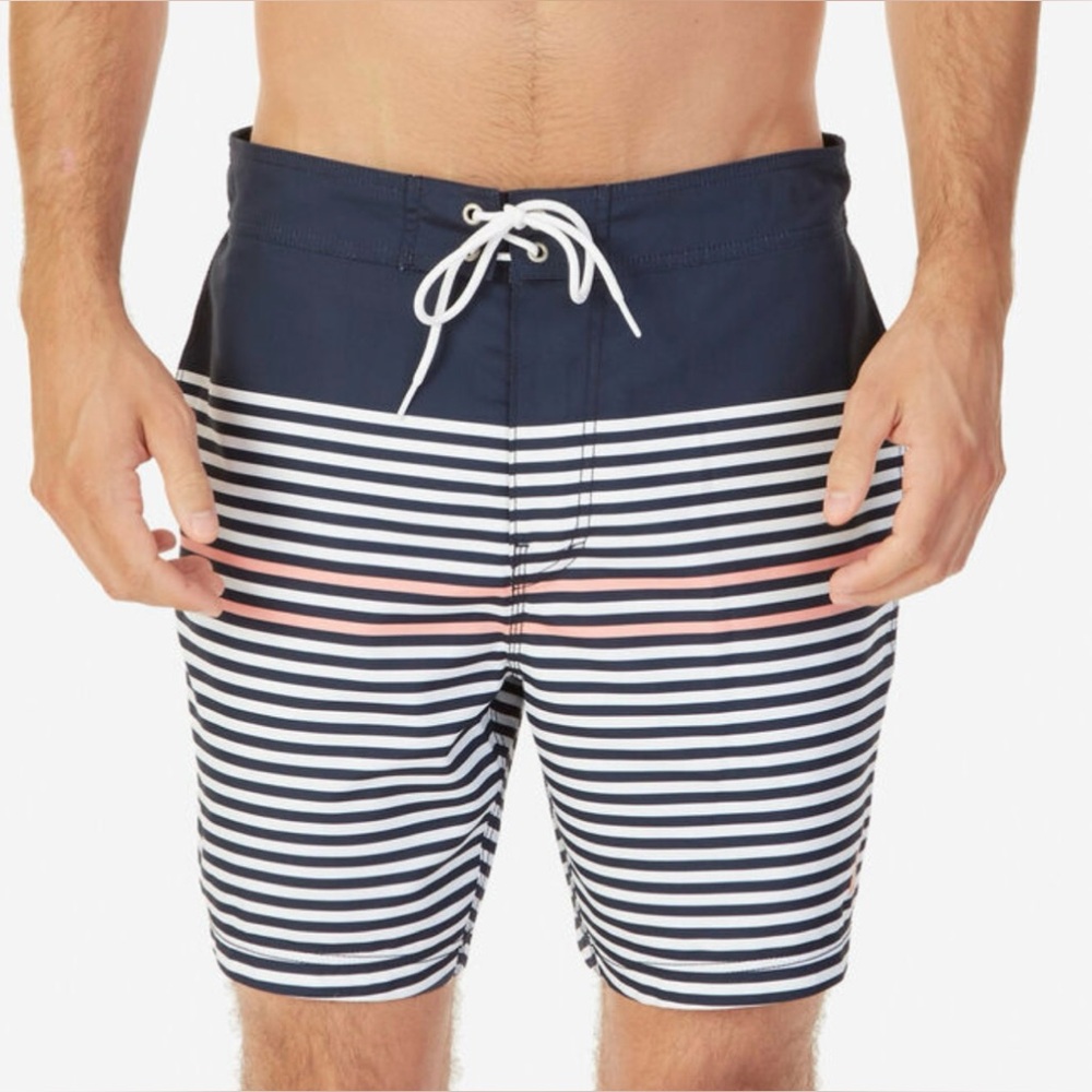 Nautica Quick Dry Striped Swim Trunks Navy, white & peach Size Medium